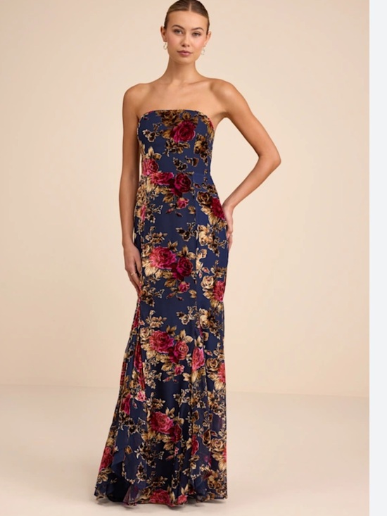 Lulus Dresses & Skirts - Lulu’s Anoah Navy Floral Velvet Burnout Strapless Maxi Dress in X-Small